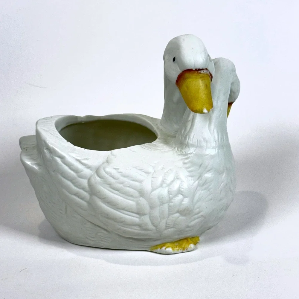Vintage Double Duck White Cuddle Ducks Geese Figurine Planter Pot